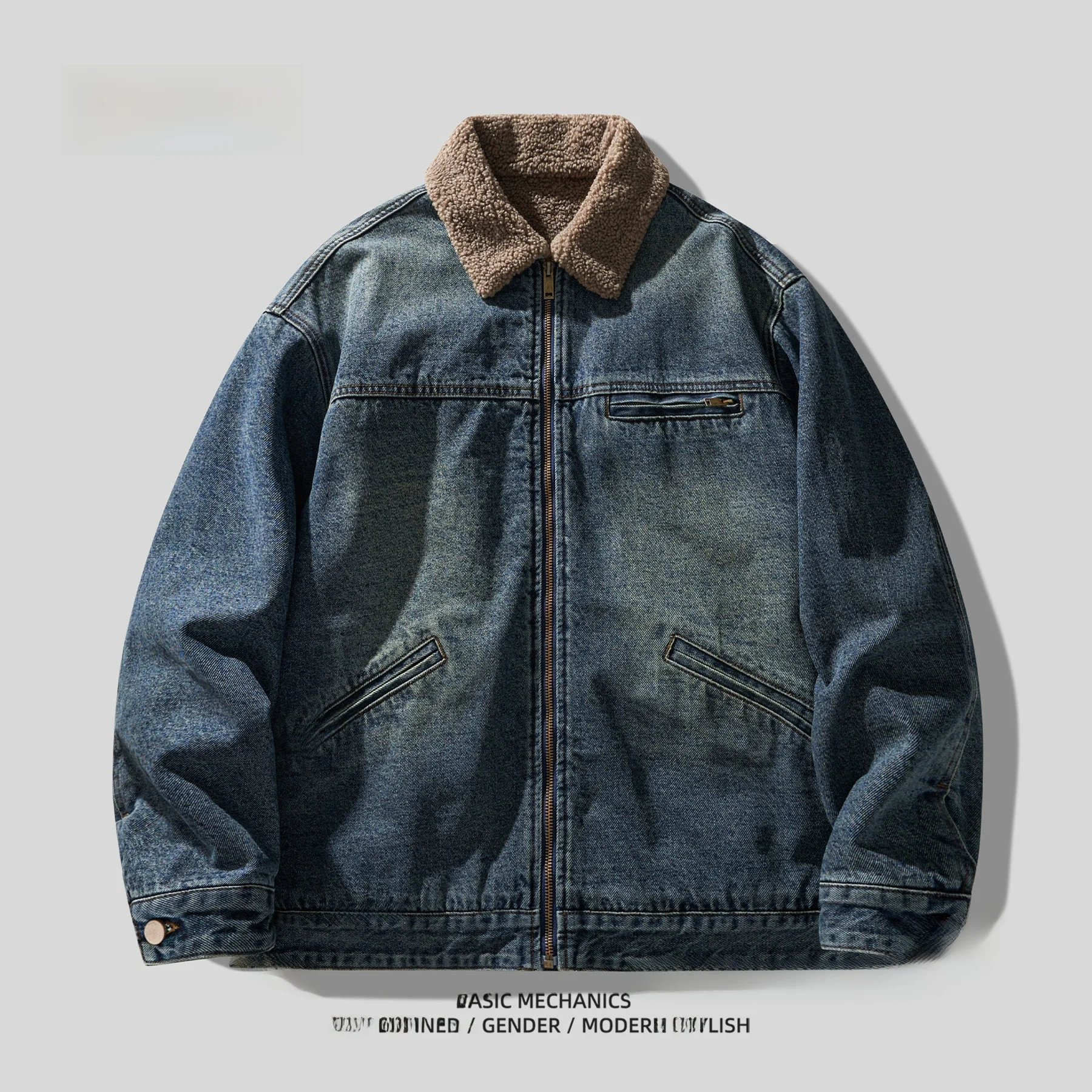 

Retro High Street Waed Thiened Lamb Velvet Denim Jaet Men's Cotton Winter Warm Collar Jaet Youth Vitali Sle