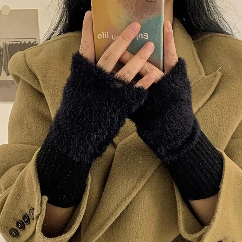 Warm and Cold-proof Half-finger Gloves for Women Autumn Autumn Versatile Plush Cute Half-finger Gloves Driving Writting Gloves
