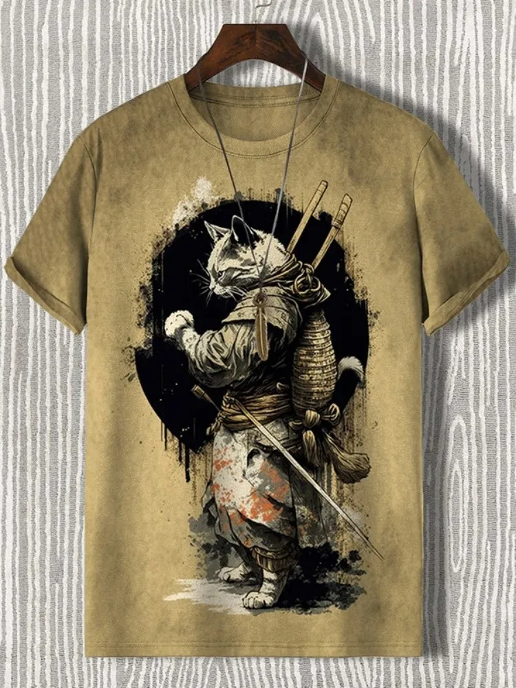 Men\'s T-Shirt Japanese Style Samurai Cat Graphic 3D Printed T-Shirt Casual Short Sleeved Tee Outdoor Oversized Men Clothing Tops