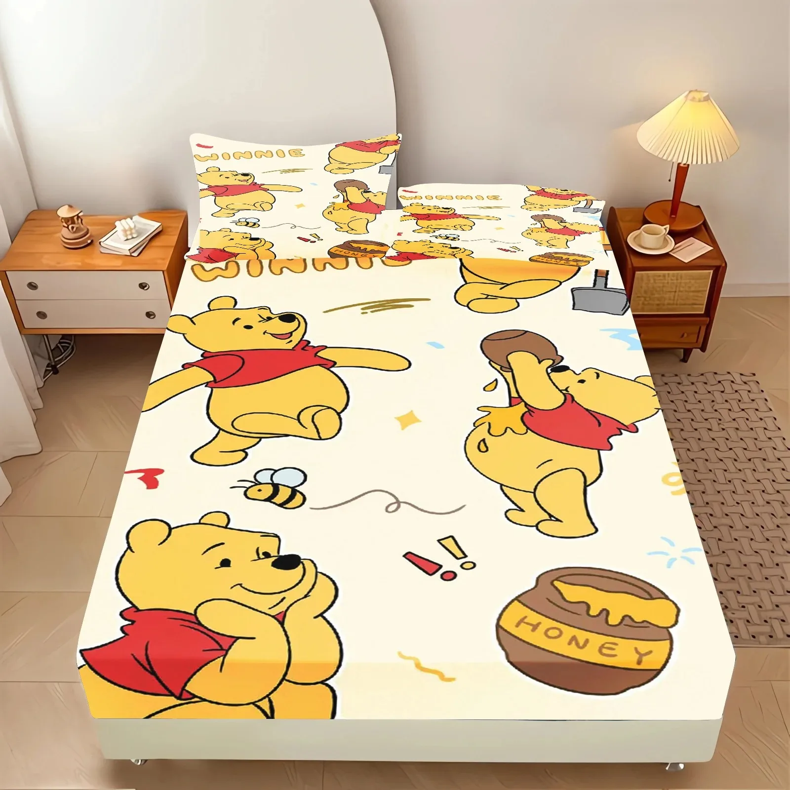 

Cartoon Winnie the Pooh printed bed sheet with pillowcase, Disney cartoon bedding, boy and girl bedroom bedspread, customizable