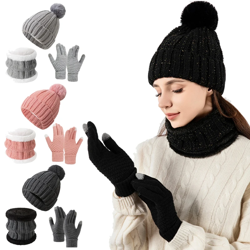 Winter Knitted Hat Scarf Glove Set Pompom Woolen Plush Liner Beanies Plus Velvet Warm Thickened Neckerchief Touch Screen Mittens