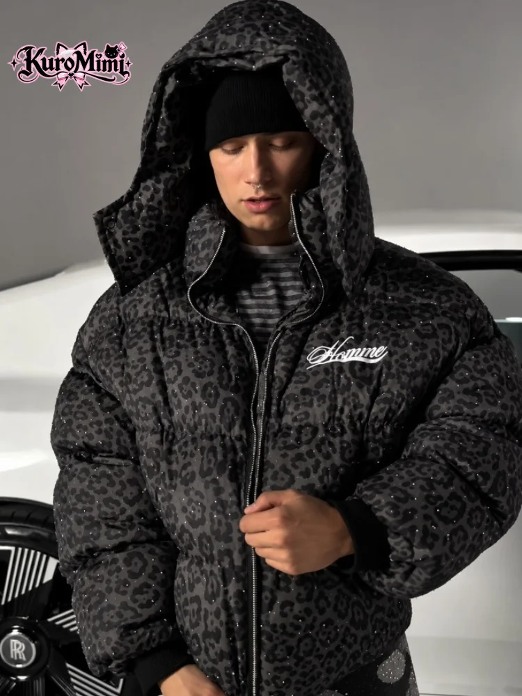 Men Women Leopard Print Puffer Jacket Rhinestone Hooded Zip Up Oversized Padded Winter Coat Streetwear Y2K Hip Hop Harajuku Alt