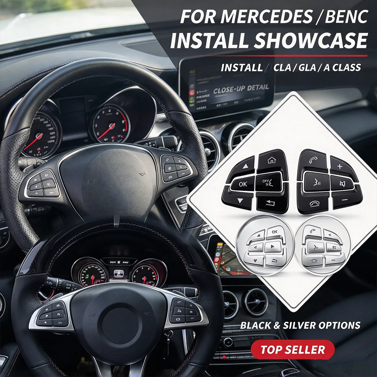 Luxury ABS Steering Wheel Button Cover For Mercedes Benz GLC X253 C W205 CLA GLA A X156 C117 W176 - Interior Decal