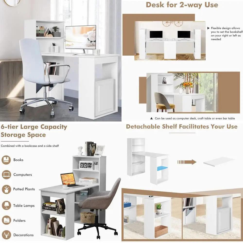 48 Wide Desk with 6-Tier Shelves, Reversible Home Office Workstation for Study and Writing