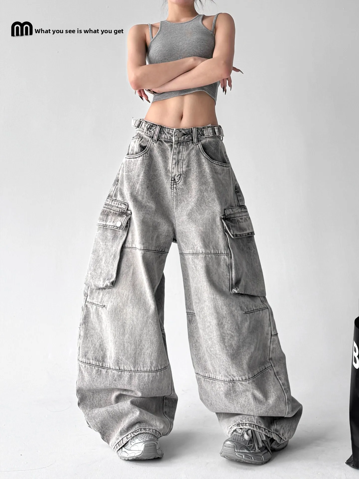 

American Sle Denim Work Pants Women's Spring New Loose Wide Leg Jeans Waed ey Loose Trousers Trendy Low Waist Cotton Blend