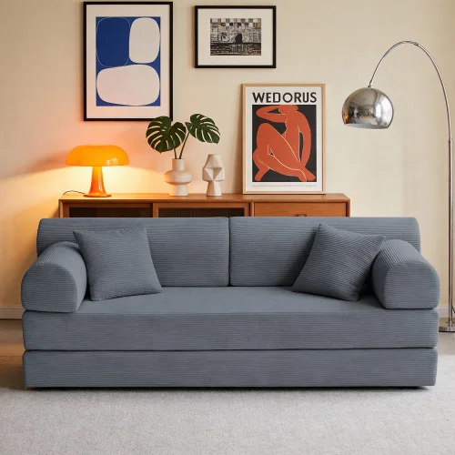 

#Three Seat Convertible Sleeper Sofa Bed Corduroy/Foam Folding Mattress Couch Fixed-Shape Frame For Living Room
