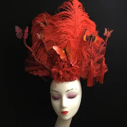 Red Feather Butterfly Headwear Exaggerated Performance Hat Women Dance Chinese Style Accessories