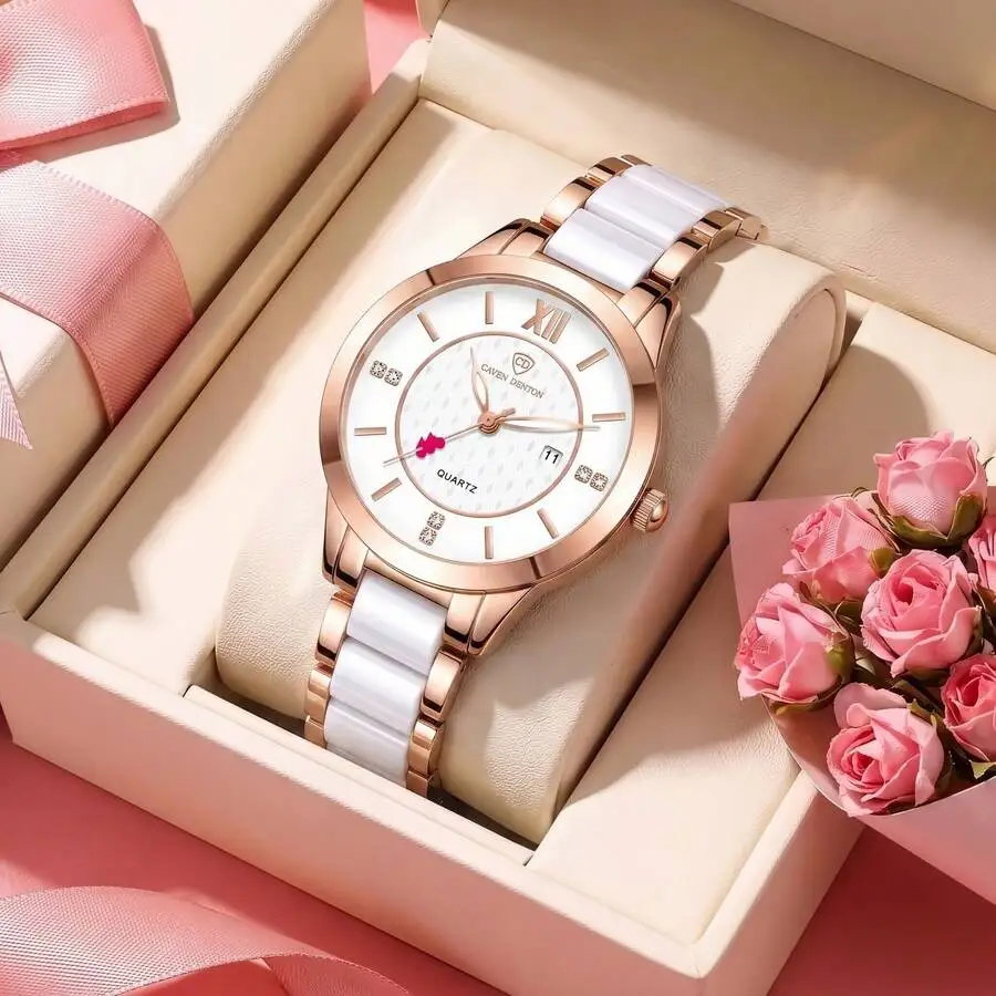 CTPOR 1pc Women's Elegant Rose Gold Stainless Steel Ceramic Bracelet Fashion Glowing Diamond Decor Waterproof Calendar Quartz