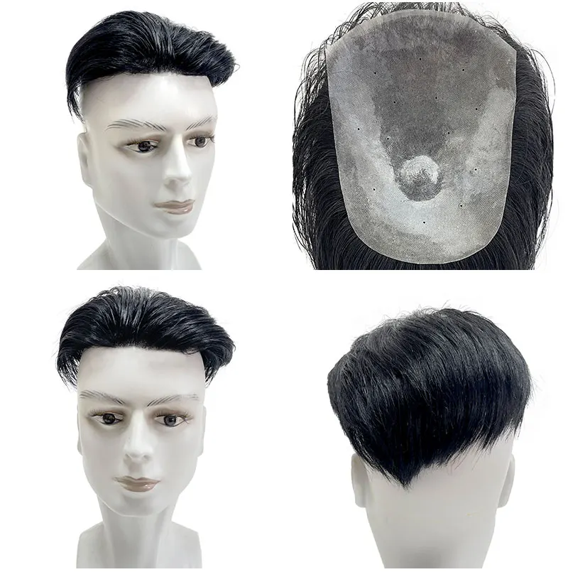 15*20cm PU pria prostesis lembut tak terlihat Toppers 100% rambut manusia Ultra tipis sejuk gaya belakang Slick alami