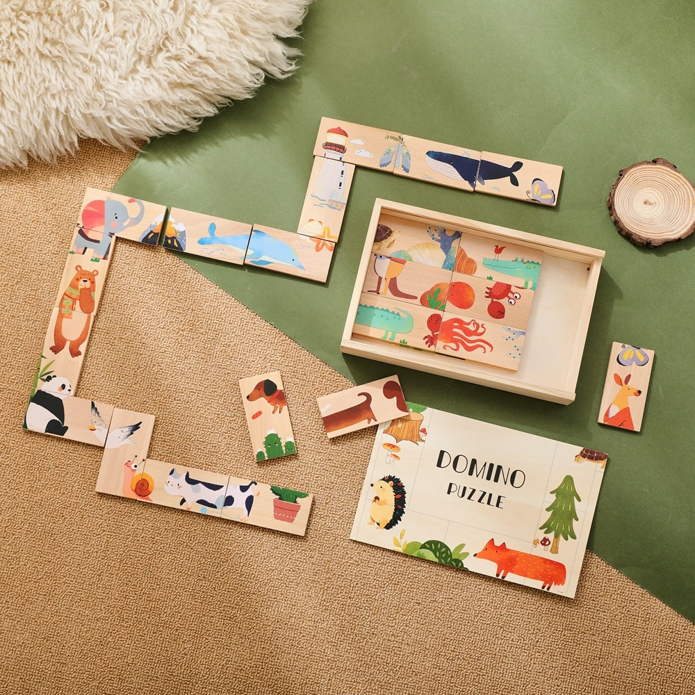 Baby Montessori Speelgoed Houten Cartoon Dier Domino Puzzel Stapel Bouwsteen Kaarten Baby Balans En Educatief Speelgoed Baby Cadeau