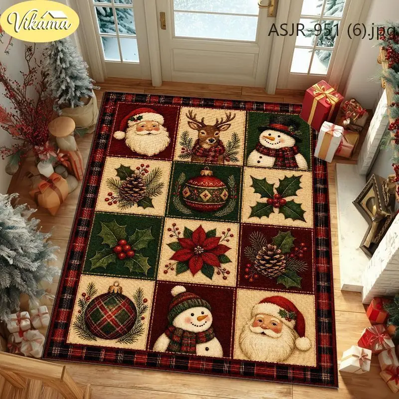 VIKAMA Christmas Patchwork Area Rug, Non-Slip Living Room Rug, Bedroom and Entryway Christmas Decorative Mat, Home Decor