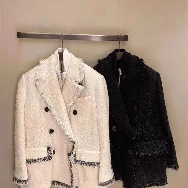 SCA Japanese design double-breasted burrs wadding lapel small fragrant fake two-piece coat