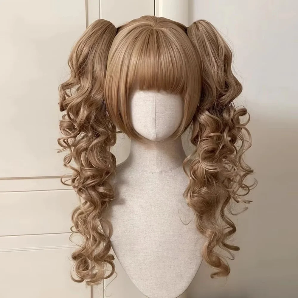 Synthetic Short Lolita Cosplay Christmas Halloween Bob Brown Blonde Wig With Long Curly Ponytail Natural Fake Hair for Women image 2