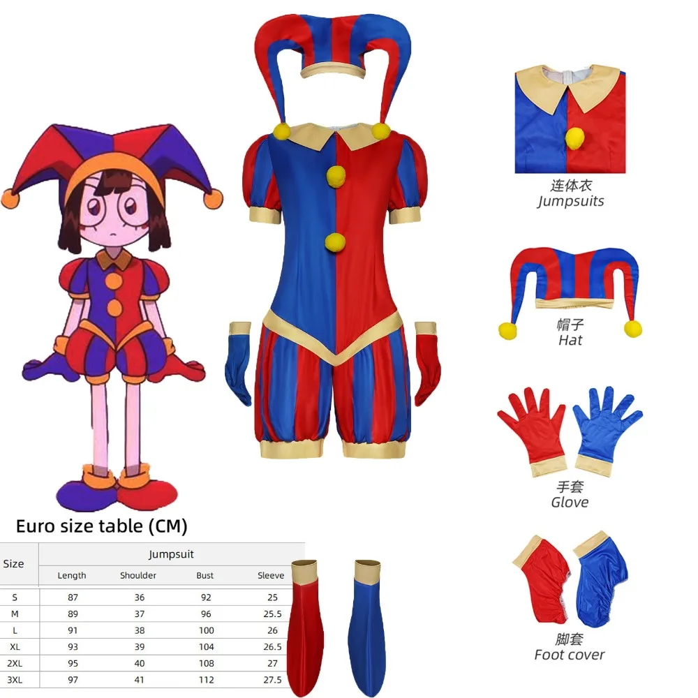 Costume de cosplay Pomni, combinaison, chapeau, gants et couvre-pieds, ensemble uniforme pour fête d'Halloween, femmes et hommes, costumes de clown de cirque