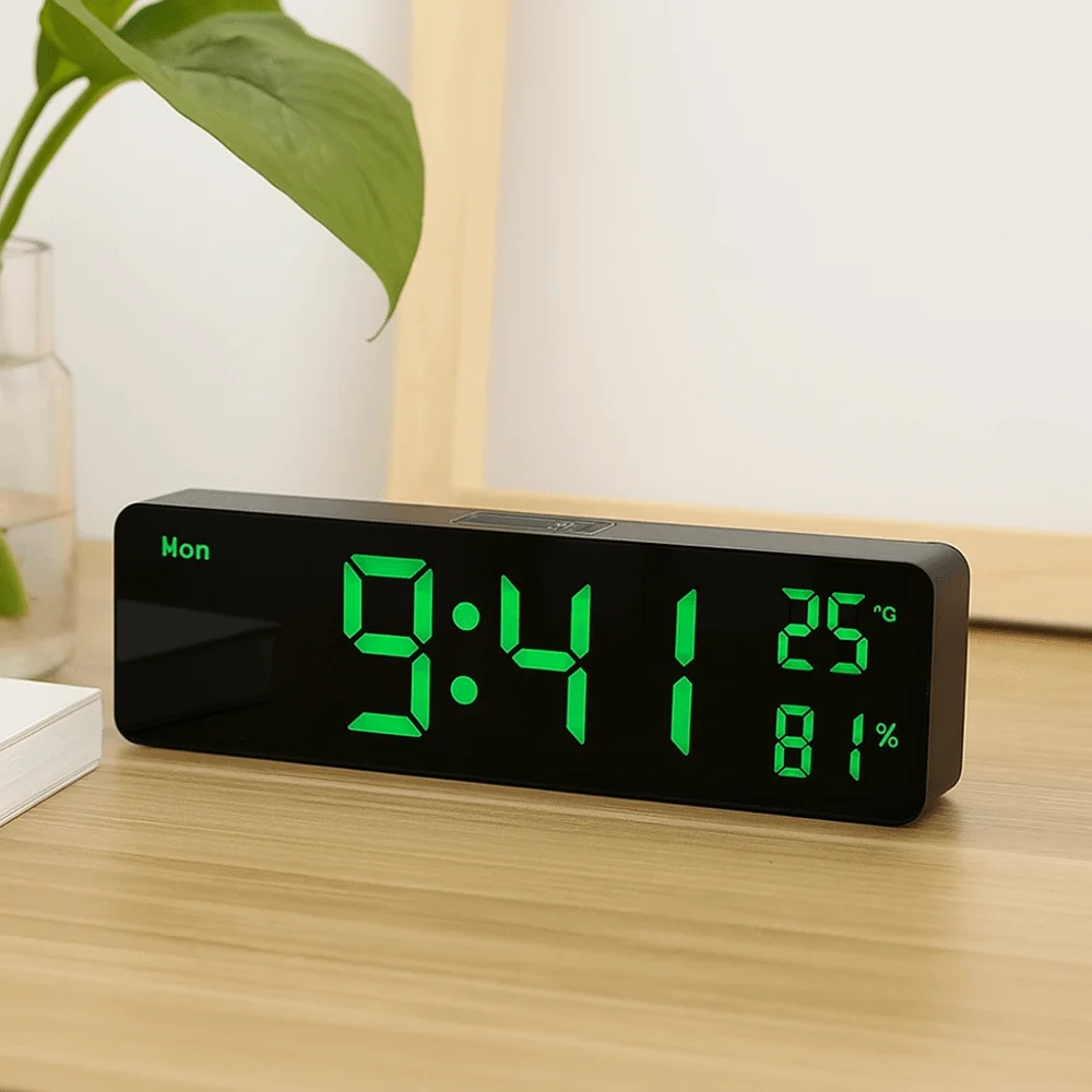 

Temperature Display LED Digital Alarm Clock Week Display Date Display Digital Wall Clock Smart Brightness Dual Alarms