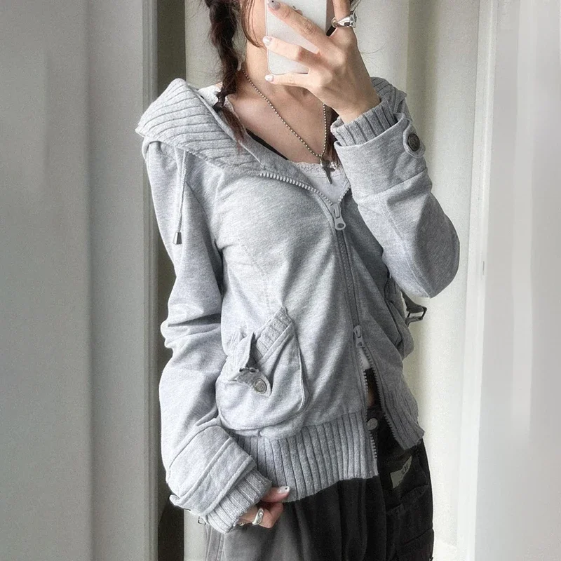 Pockets Double Zip-up Hoodie Vintage Loose Fit Hooded Sweatshirts Grey Casual Basic Cargo Cardigan Sportswear Womens