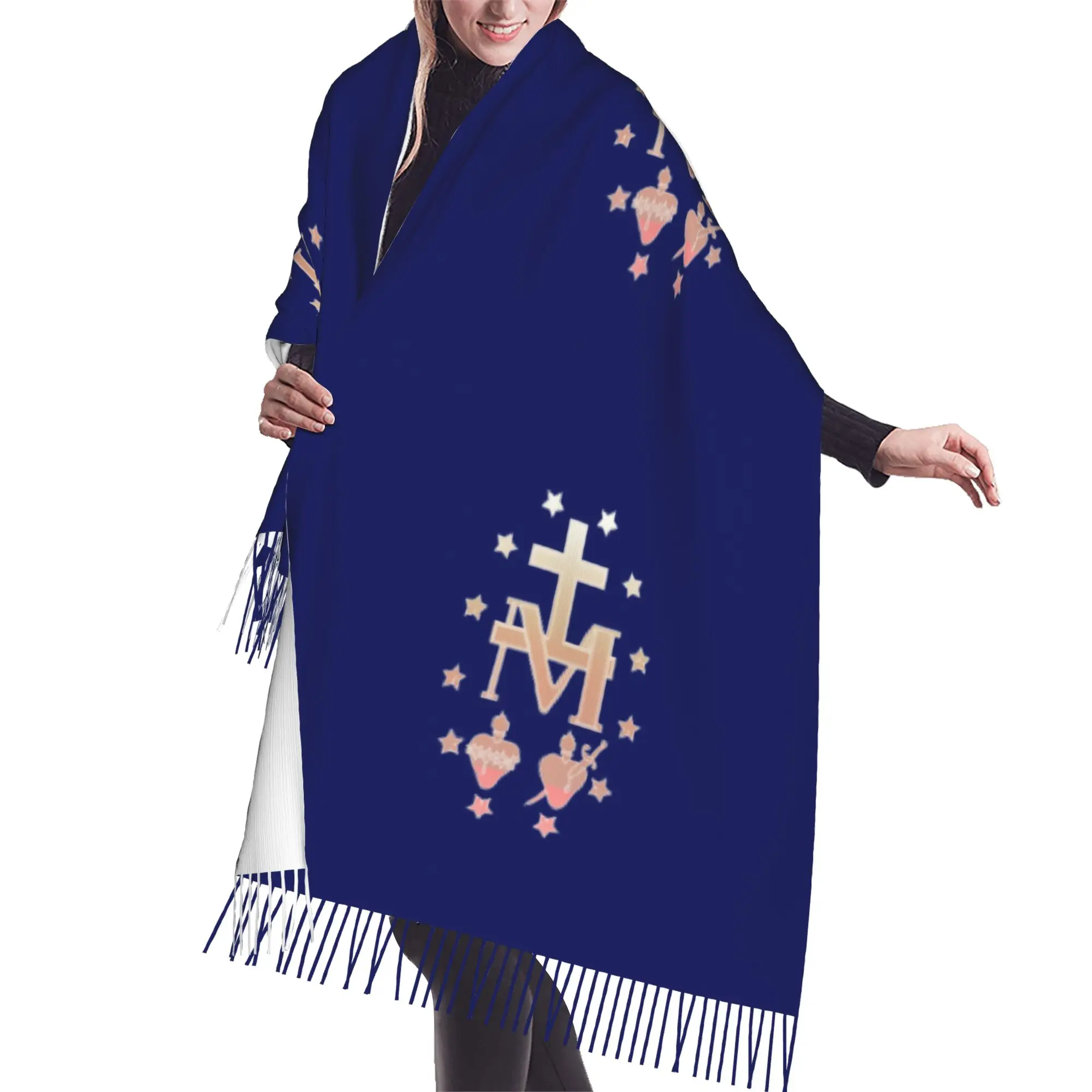 Custom Miraculous Medal Scarf Wrap Women Long Winter Fall Warm Tassel Shawl Unisex Medal of Our Lady of Grace Scarves