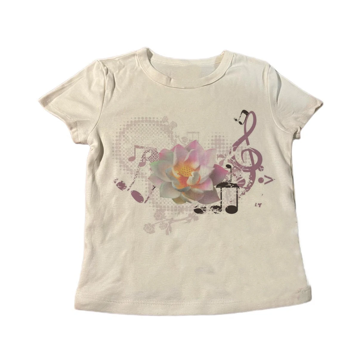 Women Y2K Aesthetic Lotus Music Note Print Long Sleeve T‑Shirt Vintage Floral Melody Graphic Tee Slim Fit Crop Casual Streetwear