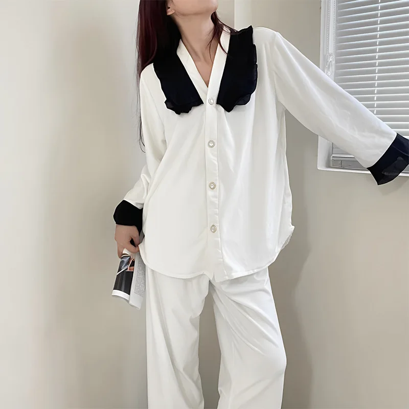 

Lace long Sleeved Cardigan Pants Suit Women's Pajamas New Autumn Winter Island Velvet Home Set Warm Fleece Sleepwear Pijama