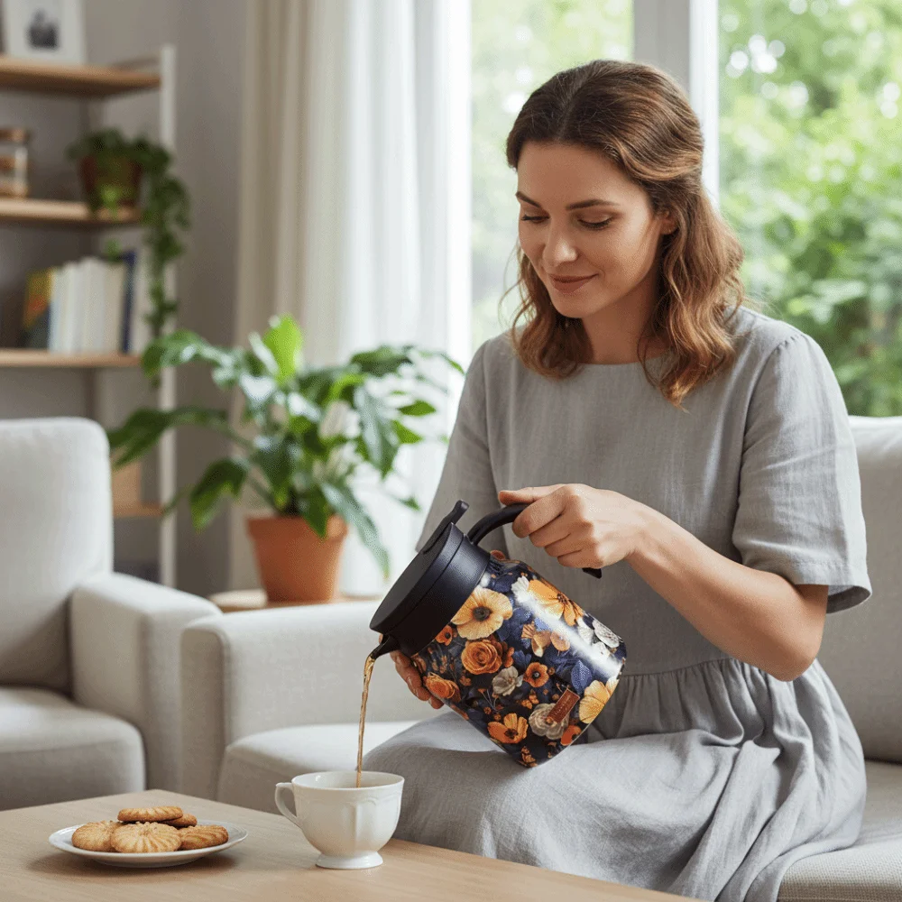 

1000ml Floral Pattern Tea Kettle 316 Stainless Steel with Tea Infuser Thermal Teapot National Style Vintage Insulated Water Pot