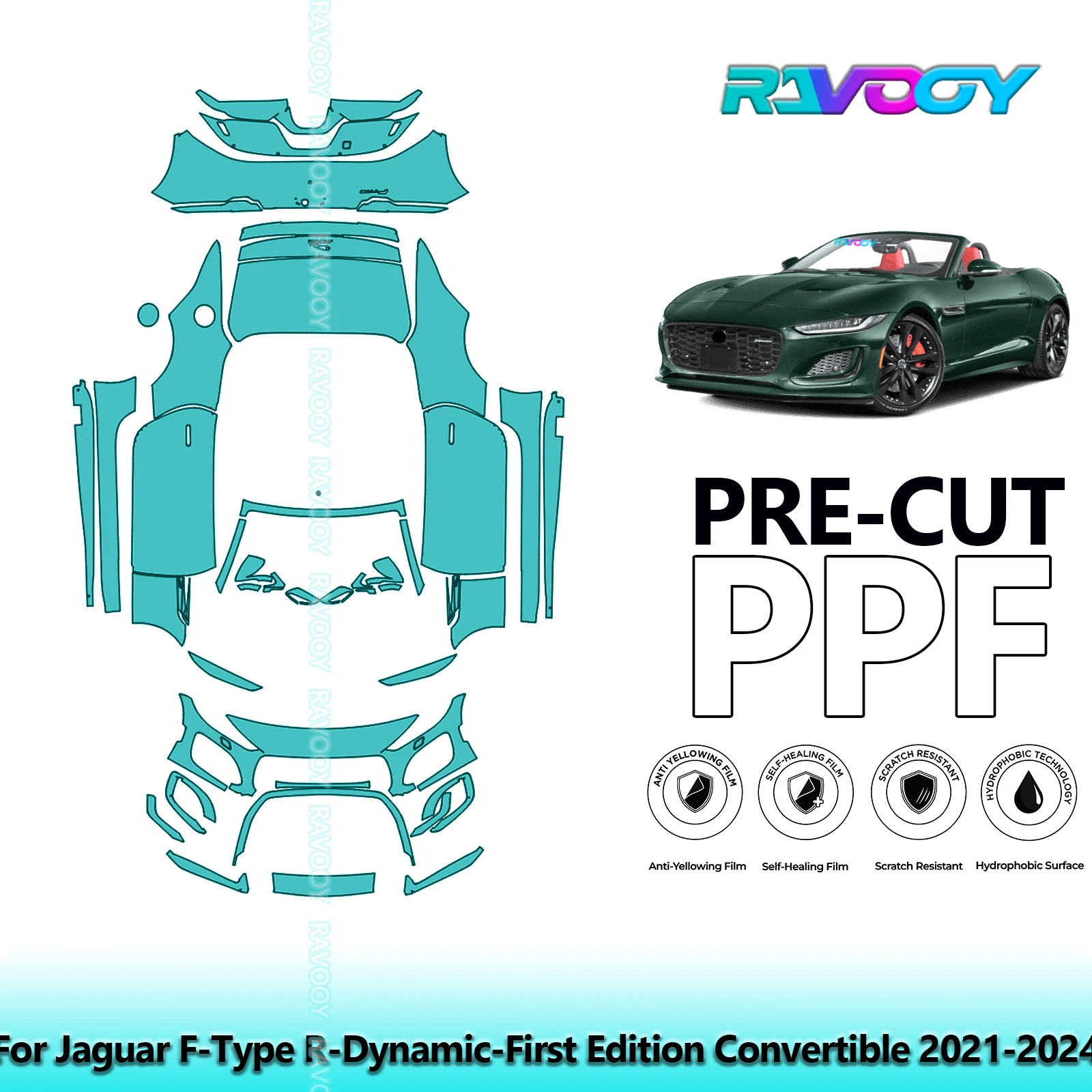RAVOOY 8.5Mil Precut TPU PPF Full Vehicle Clear Bra Stone Guard For Jaguar F-Type R-Dynamic-First Edition Convertible 2021-2024