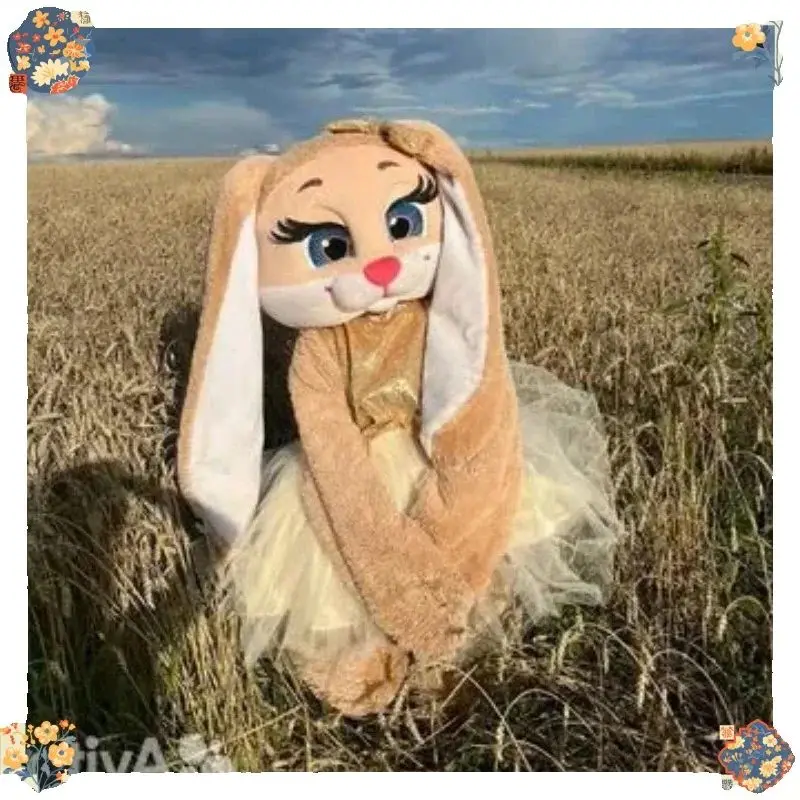 

Yellow Dress Brown Hare Mascot Costume Plush Long Ears Rabbit Walking Doll Outfit for Halloween and Christmas Party
