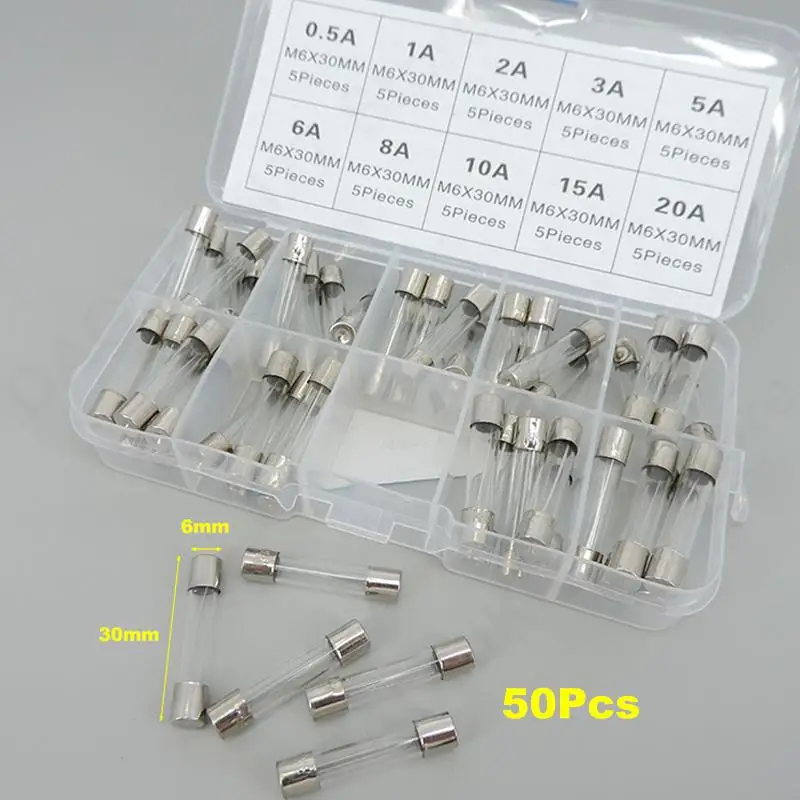 50Pcs 6x30mm fast Blow Glass Tube Fuse Assorted Box Kits T 0.5A,1A, 2A, 3A, 5A,6A,8A,10A,15A,20A 10A 12A 15A v