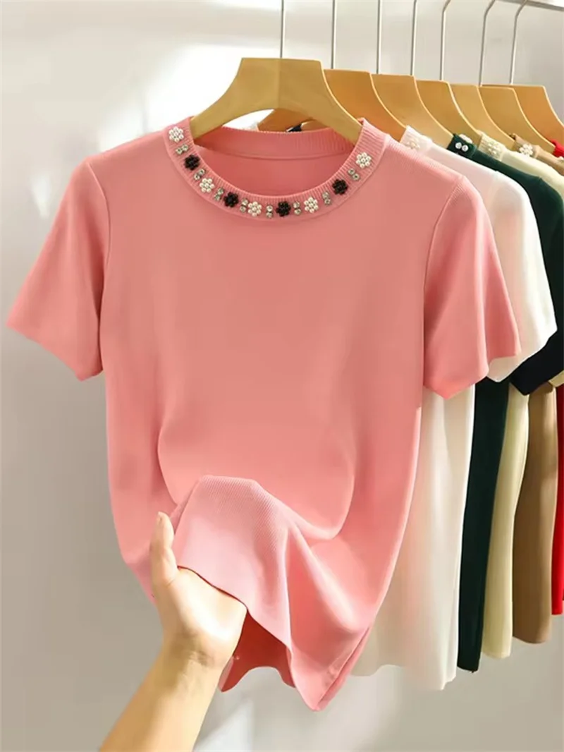 

Korea Knitted T-shirt Women Top Solid Y2K Summer New Fashion White Black Sleeveless Beading Casual Thin Blouse Female