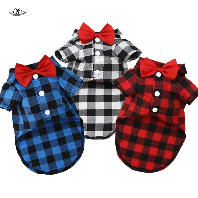 Bowtie Dog T-Shirts Classical Plaid Thin Breathable Summer Dog Clothes for Small Large Dogs Puppy Pet Cat Vest Chihuahua Yorkies