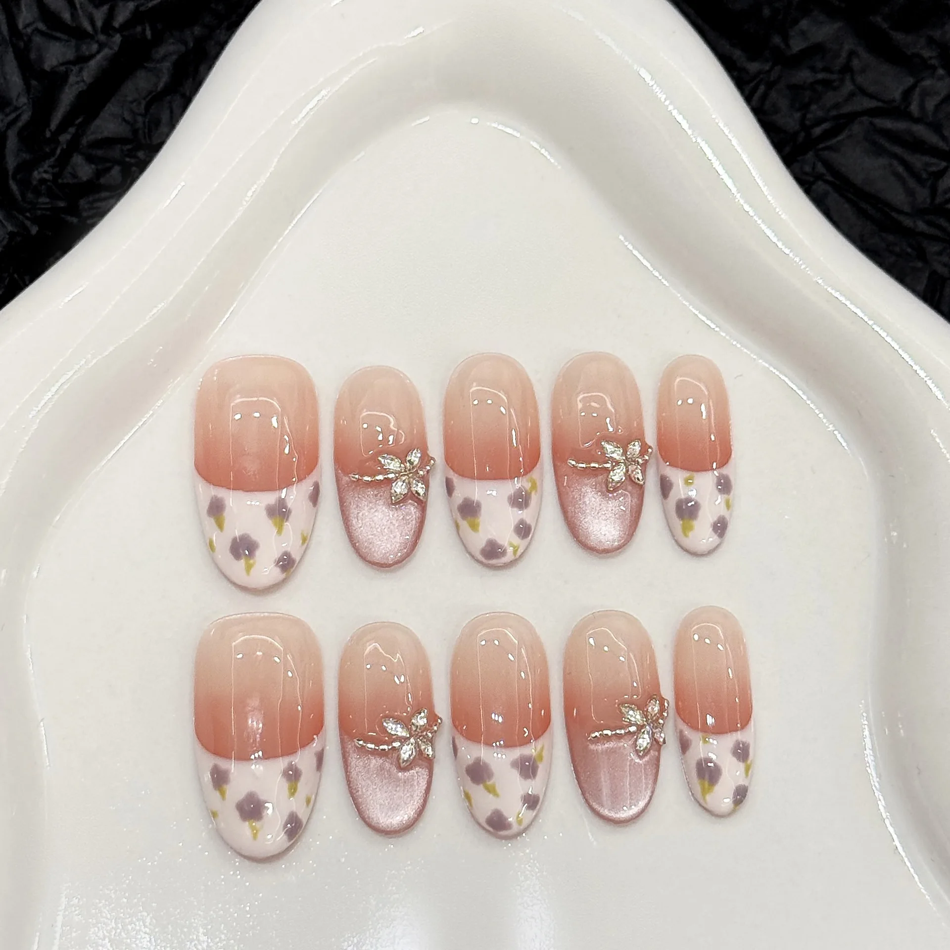 10Pcs Cat Eye French Oval Handmade Press on Nails Summer Flower Fake Nails Wearable Stick-on Nails Full Cover False Nail Uas