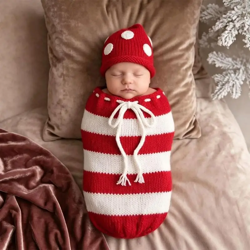 Newborn Christmas Elf Photography Outfit Set with Red and White Pattern, Matching Pointed Hat and Body Piece for Holiday