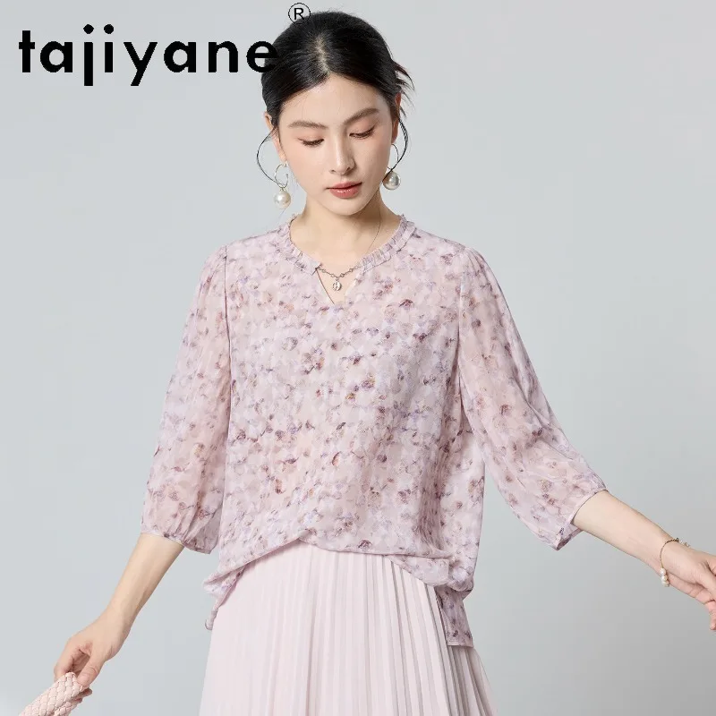 TAJIYANE 100% Mulberry Silk Women Silk Shirt O-neck Short Shirts Elegant Printed Summer Blouse Woman Clothes Tops Blouse Femmes