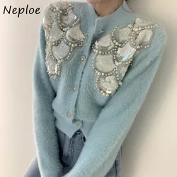 Neploe Heavy Bright Diamond Sequin O-neck Sweaters 2024 Autumn Winter Tops Women Y2k Slim Fit Long Sleeve Knitted Cardigan