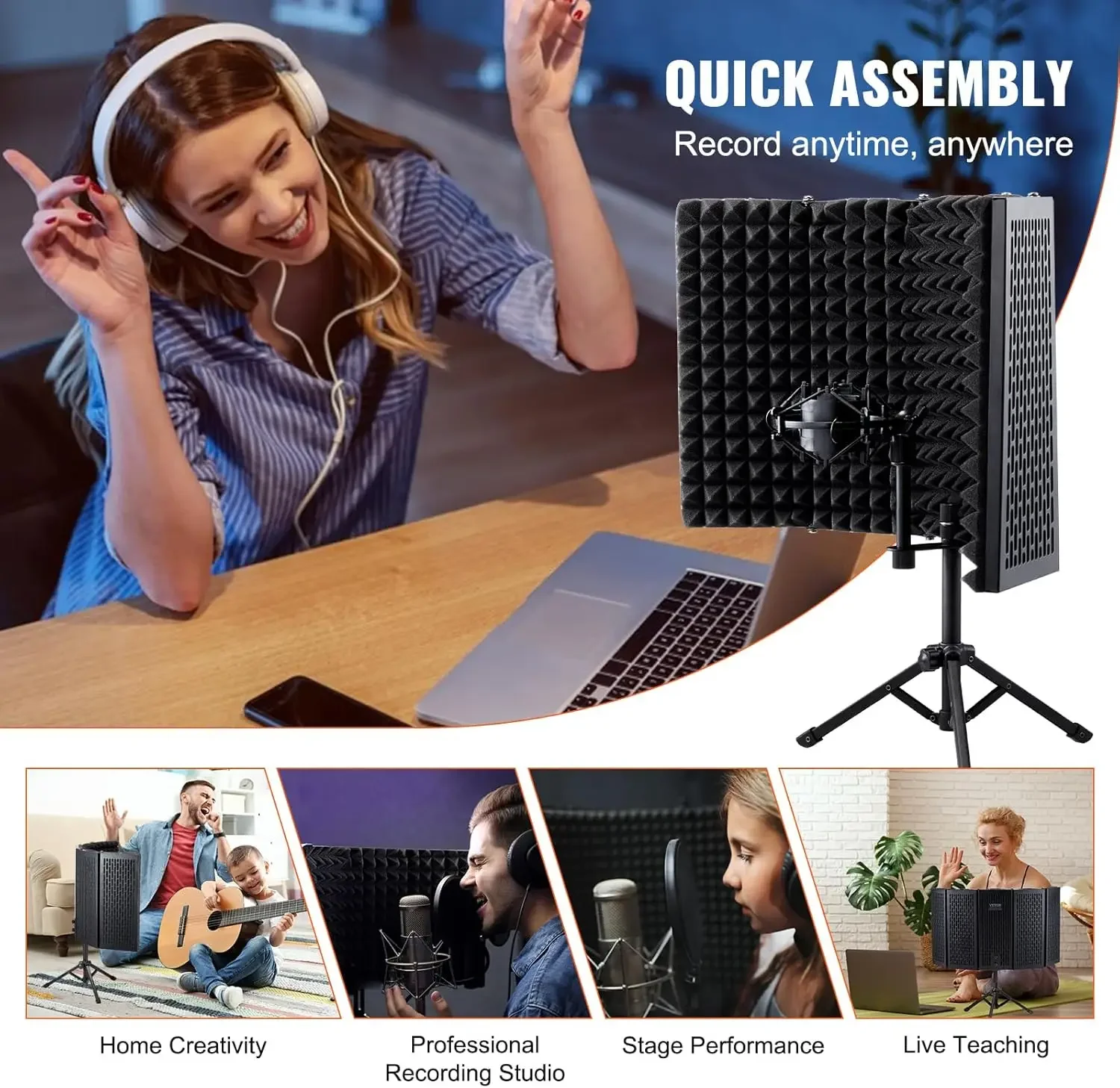 Microphone Isolation Shield, 5-Panel, Studio Recording Mic Sound Shield, with Pop Filter Desktop Tripod Stand and 3/8''