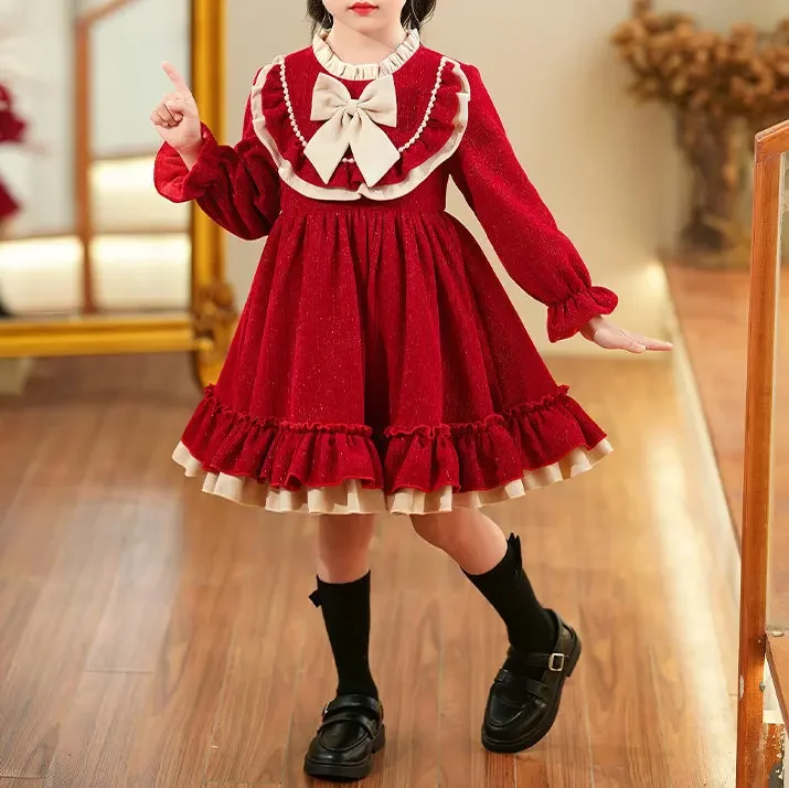 Girls 2023 Winter New Fashionable Korean style Dress Children Fashionable Bow Lace Collar Plush Thickened Princess Dress