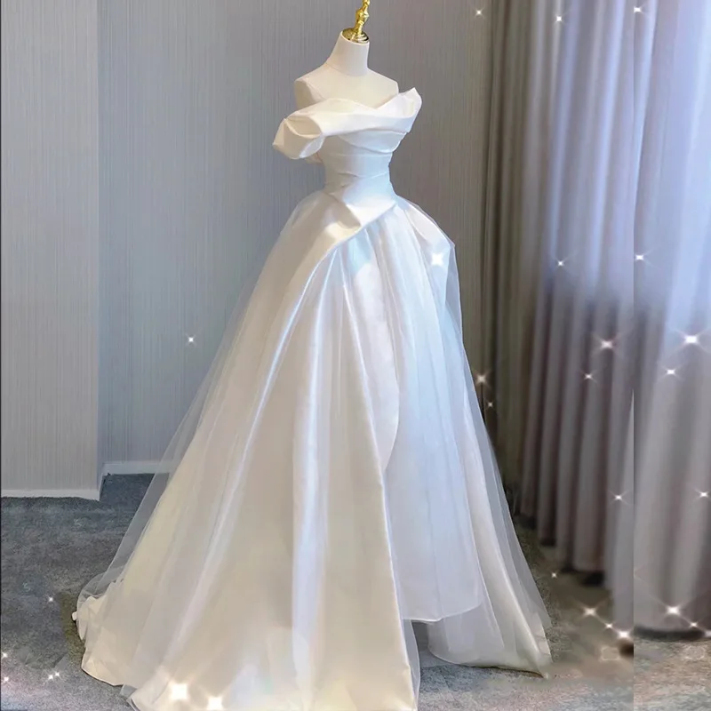 Luxury French White Satin Trailing Bride Wedding Dress Sexy Off Shoulder Backless Ball Gown Wedding Evening Prom Women Dresses