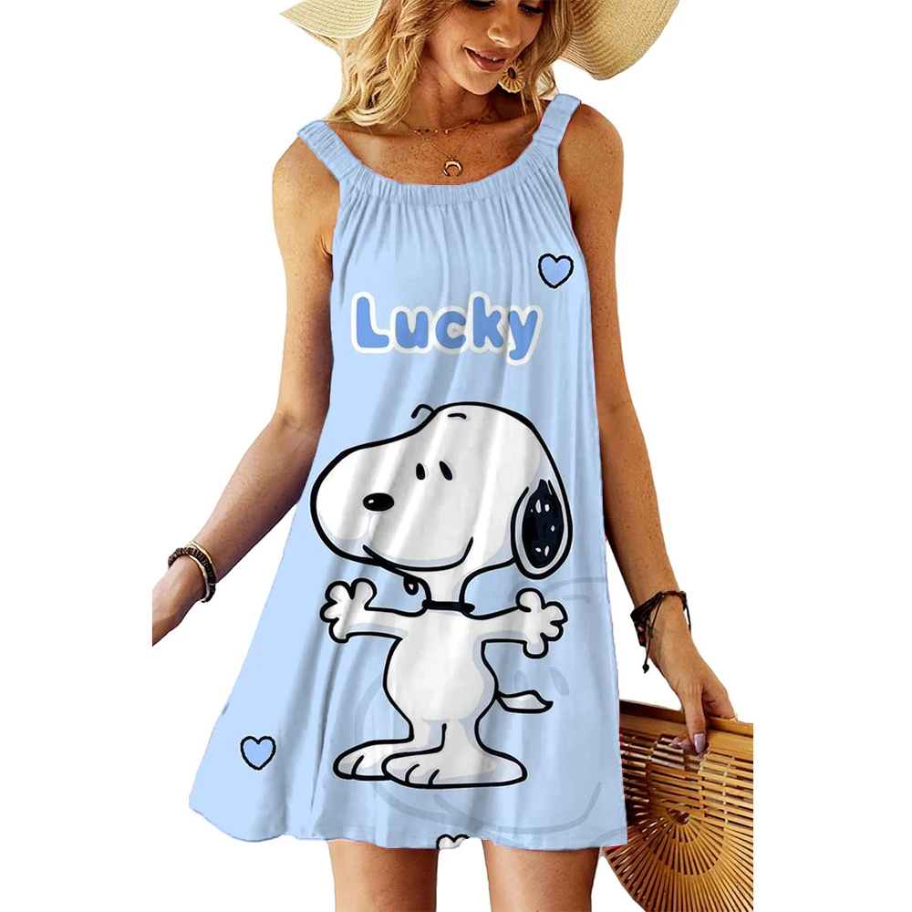 S-3XL de verano para mujer, minivestido con estampado de Snoopy, estilo bohemio, para vacaciones en la playa, moda informal, chaleco holgado sin mangas