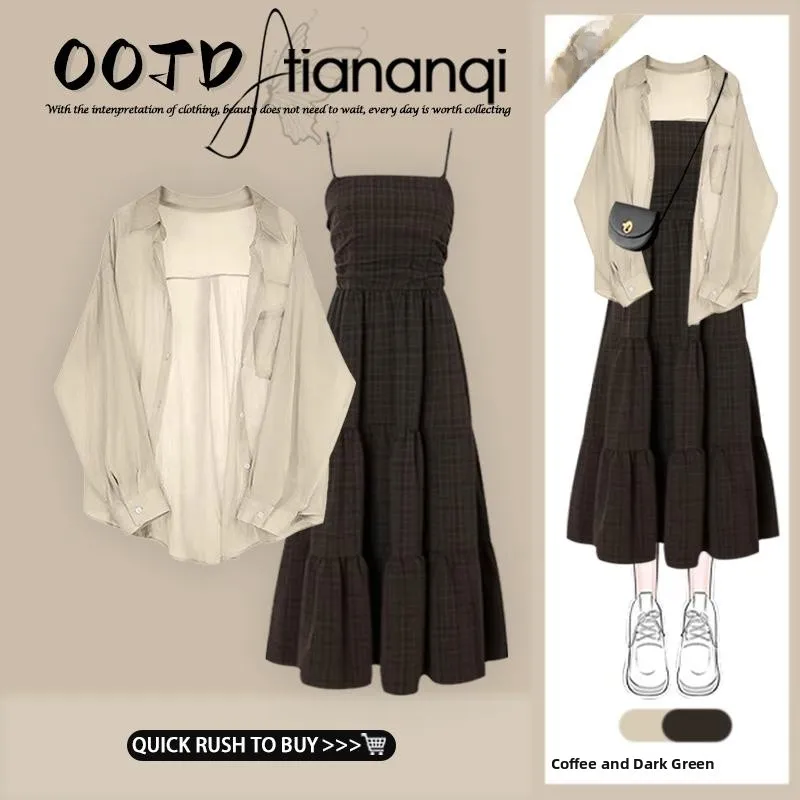 

Women's Thin Shirt Sun Protection Top with Plaid Strap Dress Set Vintage Design Spring Fashion Two-Piece Suit Lightweight
