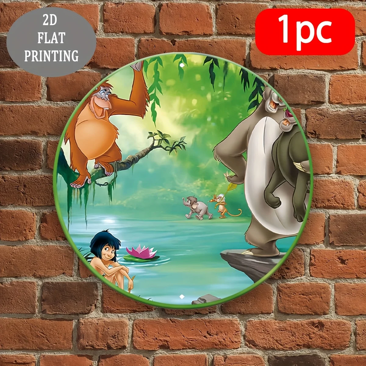 Plano 2D, 1 pieza, arte de pared de aluminio redondo inspirado en el libro de la selva, placa decorativa plana 2D con diseño Mowgli, Baloo y Bagheera, Dura