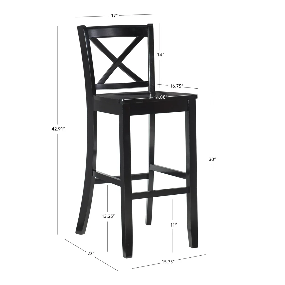 30 Inch Cross Back Bar Stool Indoor Solid Wood Sturdy Kitchen Dining Counter Height Comfortable Footrest Support Easy Assembly