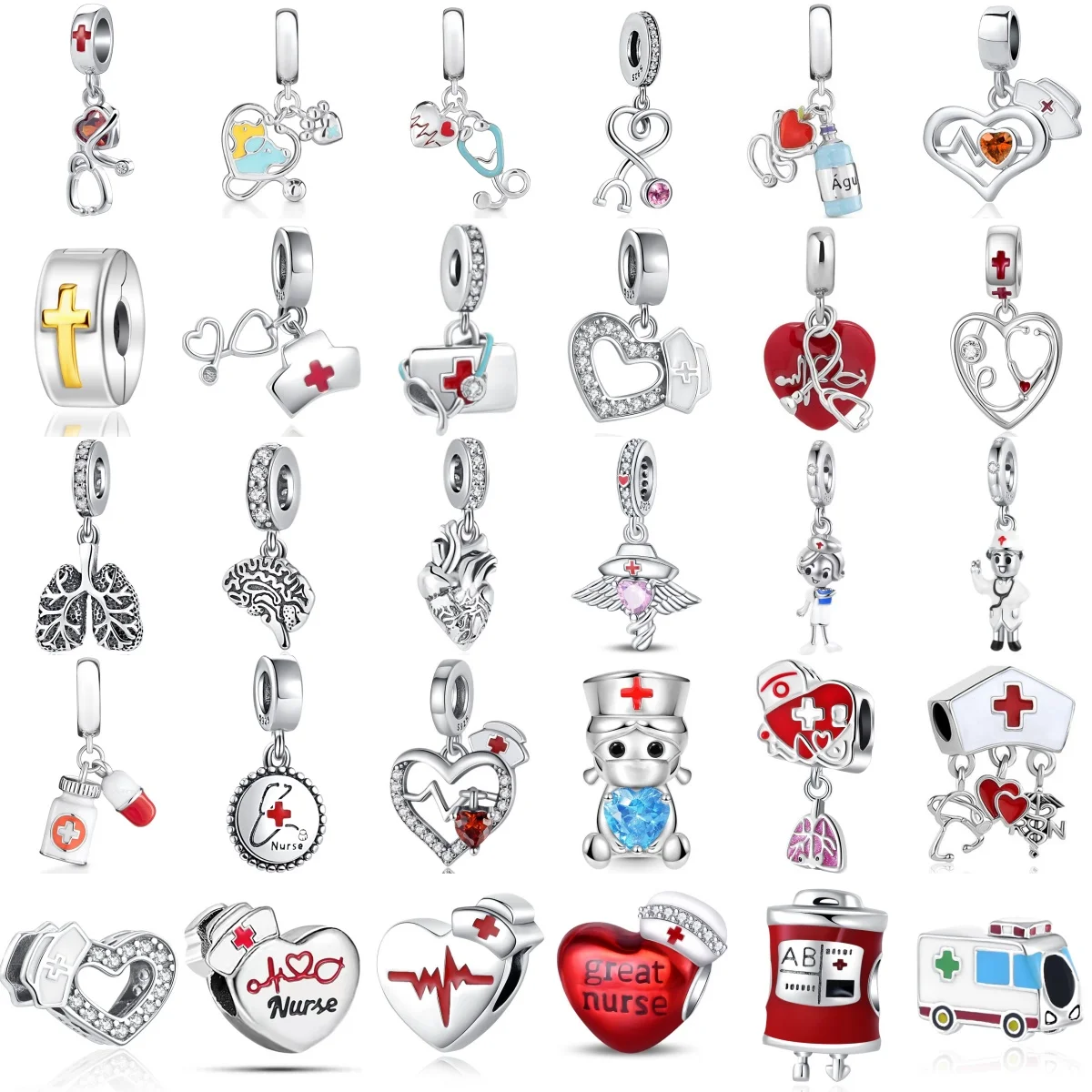 Autumn New 925 Sterling Silver Doctor Nurse Stethoscope First Aid Kit Bead Pendant Suitable For Original DIY Women's Bracelet