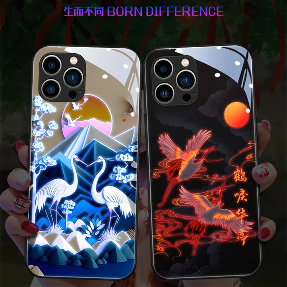 

Immortal Crane Pattern LED Light Phone Case For iPhone 15 14 13 12 11 Pro Max X XR XS SE2020 Plus Glitter Shockproof Back Cover