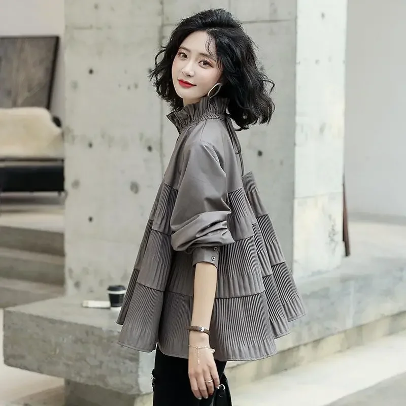 Spring Autumn Shirt Women 2024 New Fashion Loose Doll Shirt Balloon Sleeve Tops Grey Coffee Color Elegant Overcoat Female