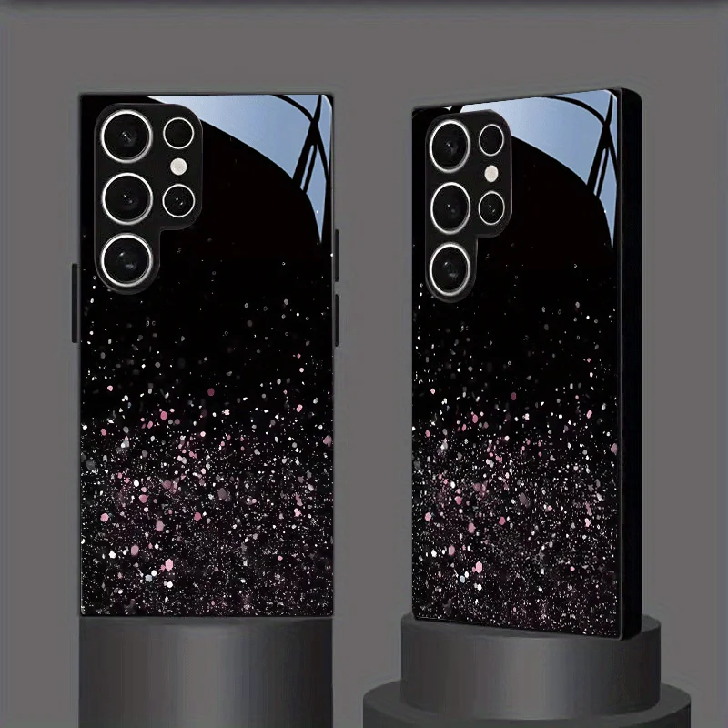Black toned pink romantic pattern glass phone case suitable for Samsung Galaxy S26 S25 S24 S22 S21 S20 FE/Ultra/Plus anti drop