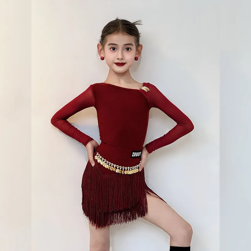 

Children's Latin Dance Performance Costume Set Shape Mesh Patchwork Long Sleeve Burgundy Tassel Skirt for Art Exams Dancewear