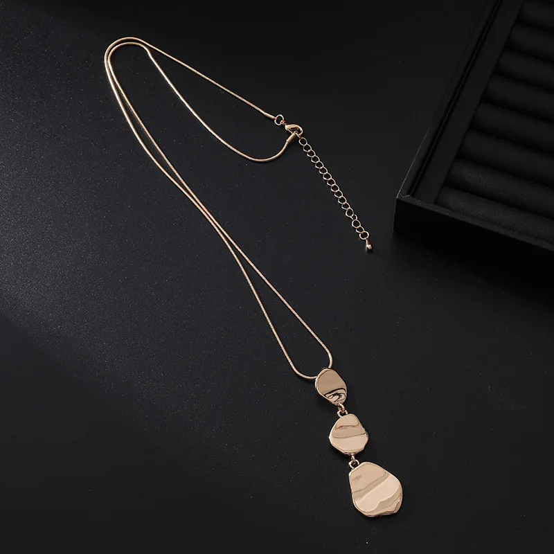 Tiered Irregular Metal Pendant Necklace Sleek Snake Chain Triple Drop Charms Minimalist Statement Earring Matching Jewelry