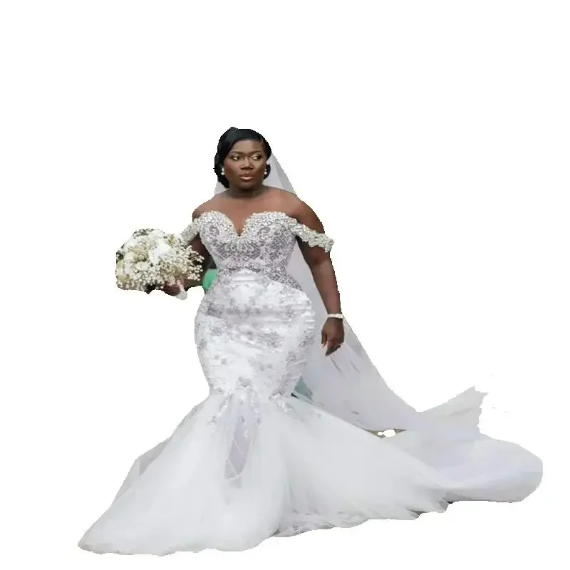Vestido De Novia De sirena personalizado con hombros descubiertos, apliques De cristal brillante, vestidos De Novia africanos para exteriores, Vestido De Novia