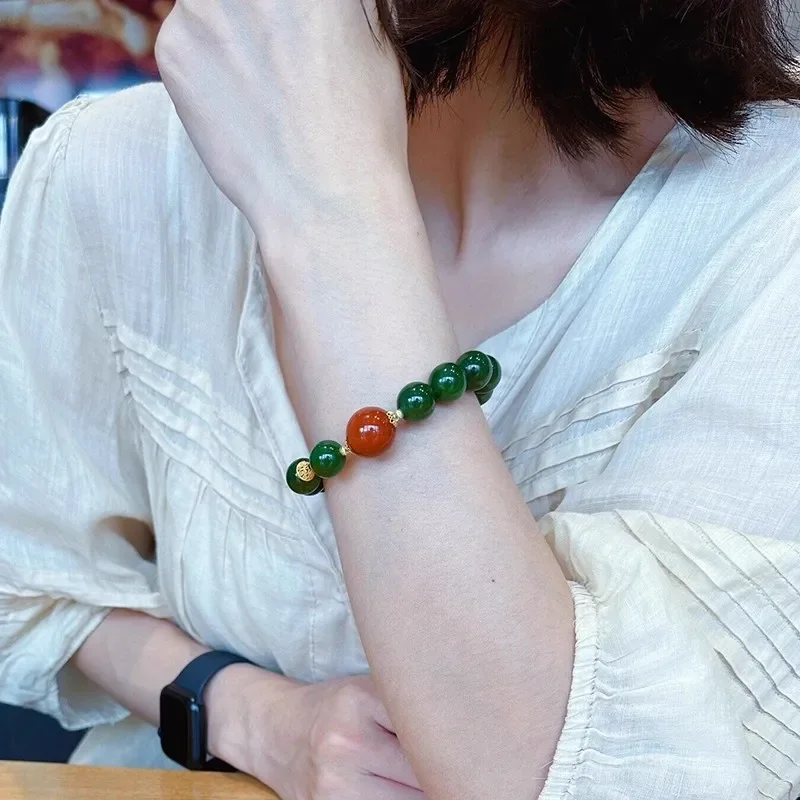 Natural Russian jasper round bead single ring bracelet Hetian jade spinach green jade bracelet with Nanhong agate beads