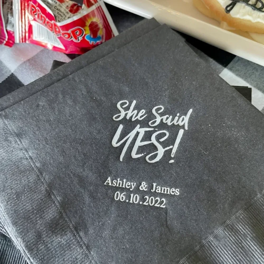 

50Pcs Personalized Wedding Cocktail Napkins- She Said Yes! - Engagement Rehearsal Dinner,Party Bride Shower Beverage Gold Foil