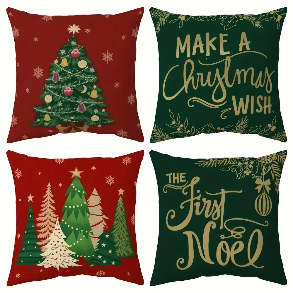 4Pcs Double‑Sided Christmas Pillow Covers, Red‑Green Christmas Tree Snowflake Pinecone Berry Print Cushion Cases for Sofa Bed
